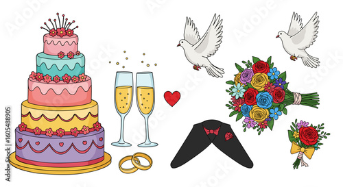 Illustration of a five tiered wedding cake with doves, champagne flutes, and floral bouquets shown