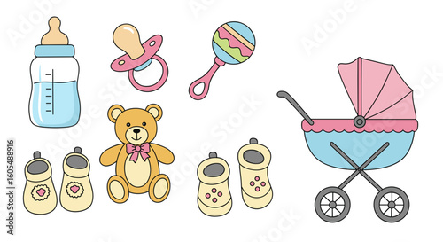 Illustration showing baby accessories including a bottle, pacifier, rattle, and a stroller drawing