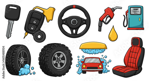 Collection of car related items including keys steering wheel tires gas pump and car wash scene design