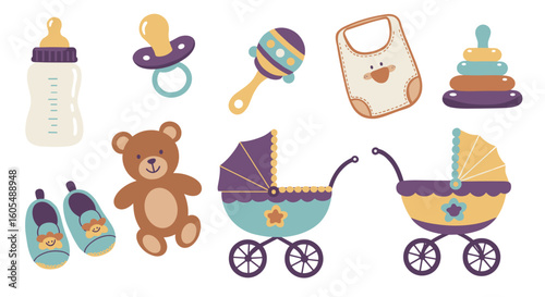 Illustration of baby items including baby bottle pacifier rattle bib stacking toy teddy bear and strollers