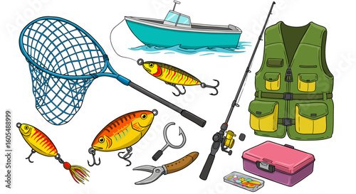 Illustration of a fishing boat, net, lures, fishing rod, vest, tackle box, and fishing tools set up