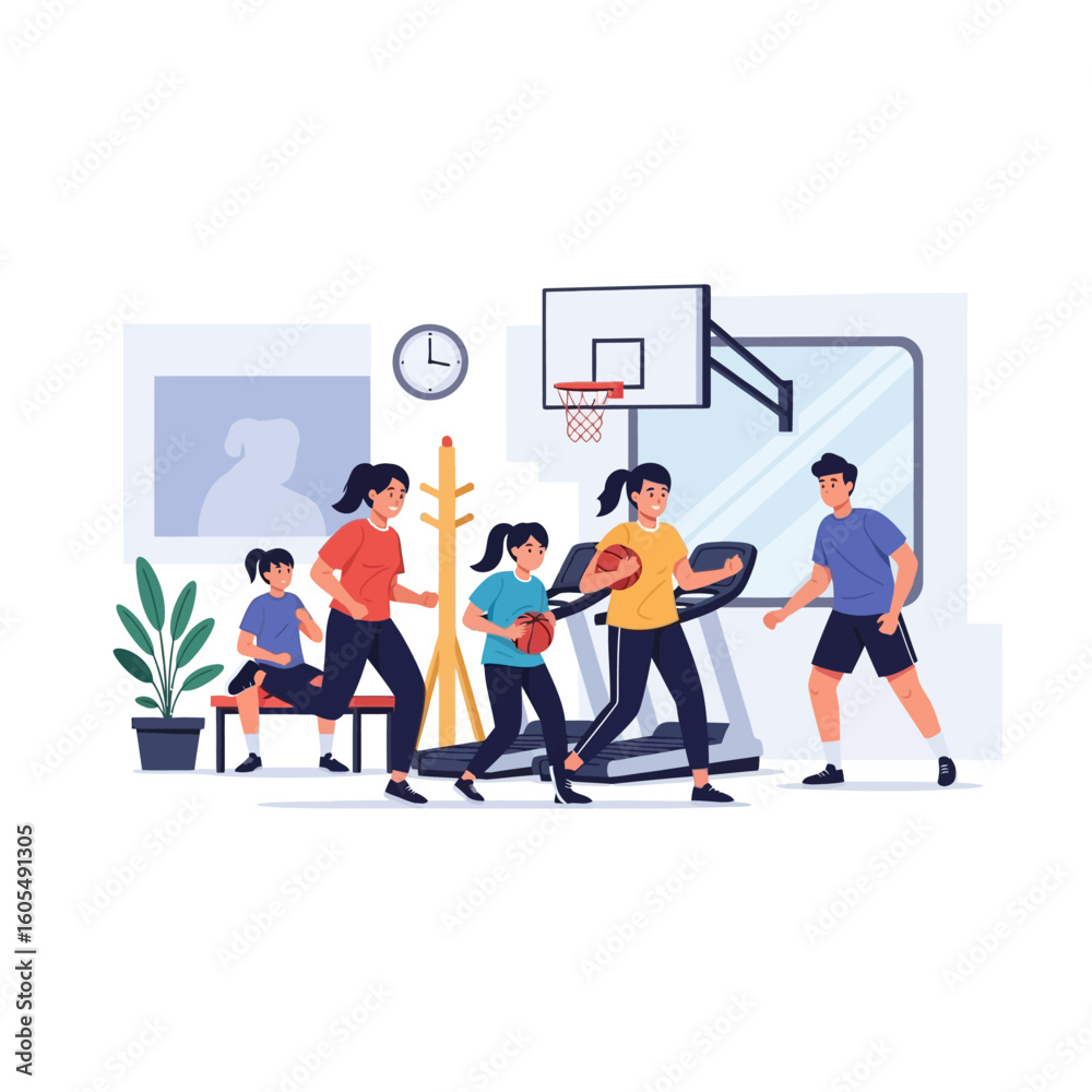 Obraz premium Family playing basketball in a home gym, with a treadmill, coat rack, bench, and clock visible in the background.