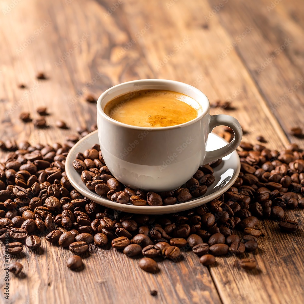 Obraz premium A cup of coffee on a wooden table surrounded by coffee beans