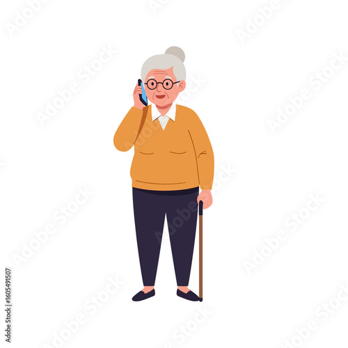 An elderly woman with glasses and a bun is talking on her smartphone while holding a cane.
