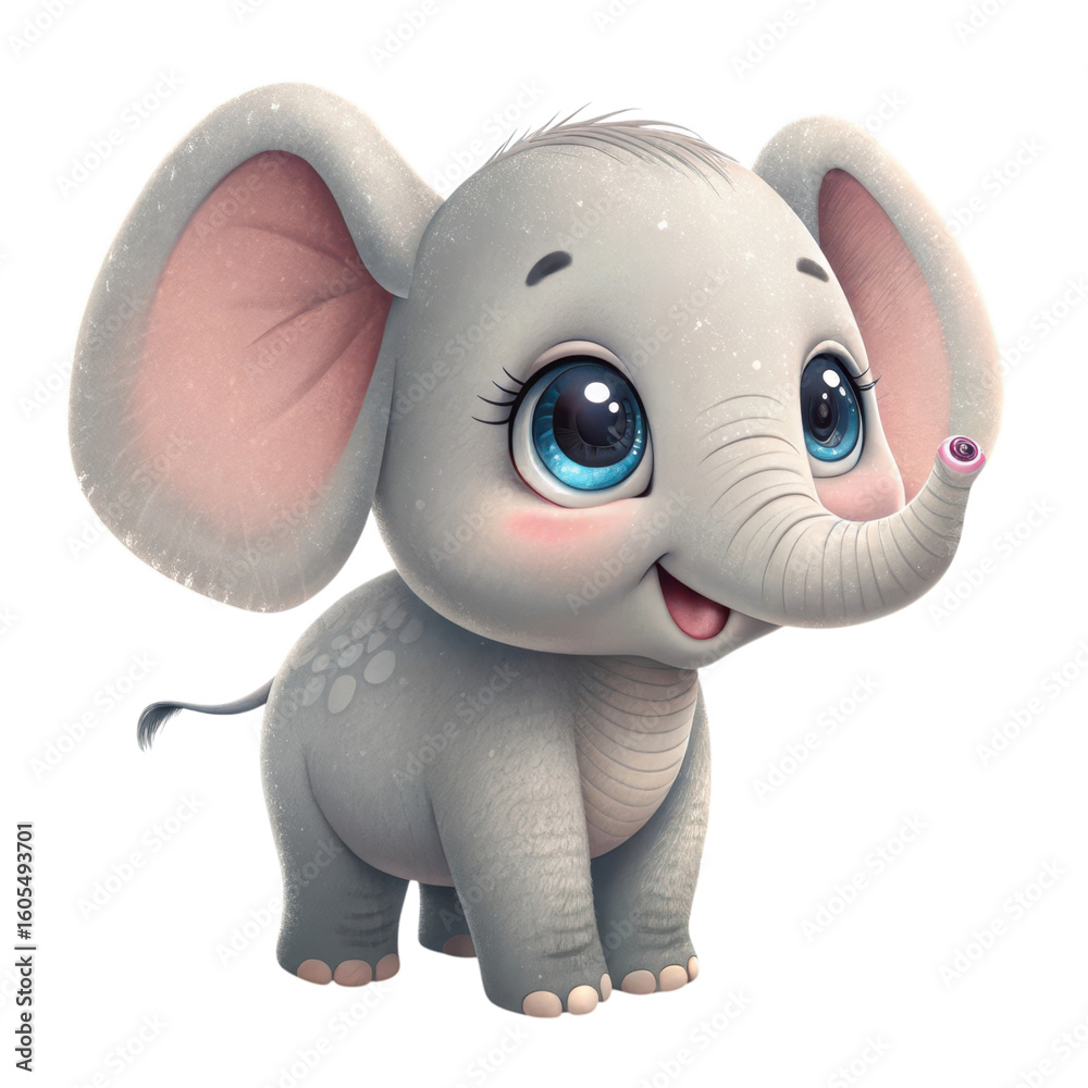 Fototapeta premium Cute cartoon baby elephant with big blue eyes isolated on transparent background isolated on white background