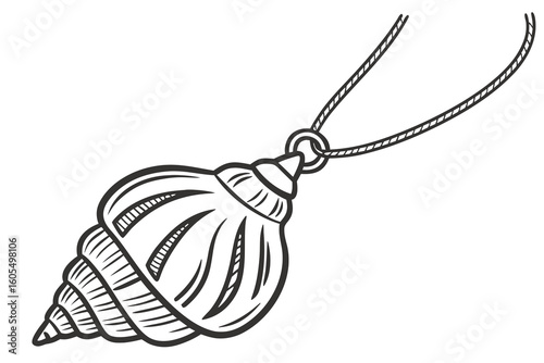 Shell pendant necklace hanging on string with detailed design