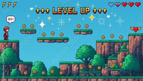 Pixelated game scene from a platformer with a character on a cliff and floating coins. Retro gaming art vector for mobile app or web development.