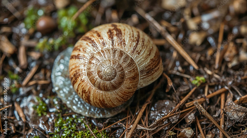 A close-up view of a snail's shell, showcasing its intricate spiral pattern and earthy tones, resting on damp soil and moss. A close-up view of a snail's shell, showcasing its intricate spiral pattern and earthy tones, resting on damp soil and moss.