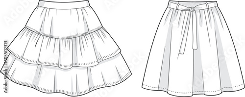 CAD Drawing of Tiered Skirt and Wrap Skirt, Flat Vector Fashion Illustration Showing Apparel Design Template with Front and Back Views