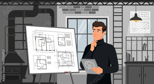 Architect Contemplating Building Blueprints In An Industrial Style Interior