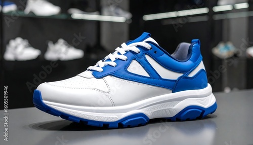 White sneakers with blue accents on display