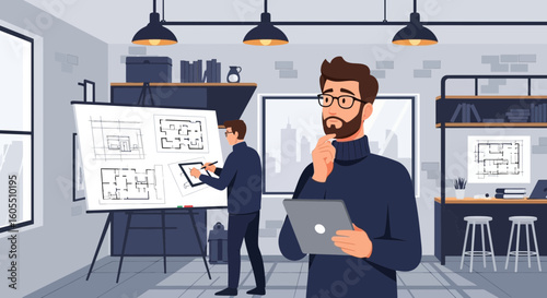 Architects Reviewing Blueprints And Designs In Modern Studio