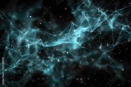 Abstract network of teal lines and points on dark background