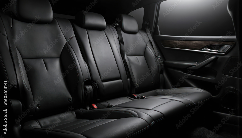 Fototapeta premium Luxurious black leather car seats feature premium stitching, sleek, modern design. High-end vehicle interior sophisticated upholstery, comfortable, refined padding. Elegant automotive details enhance