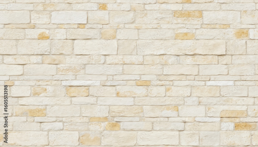 Cream, white brick wall texture background with light yellow, bronze tones. Meticulous stonework features rough, grunge texture. Masonry construction creates solid, blank slate ideal for interior