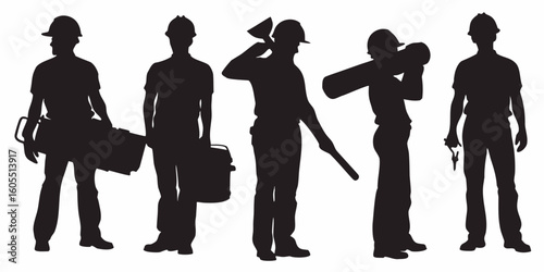Silhouette of five workers in their work outfit, each person is working with a different tool