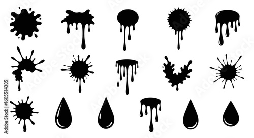 Set of Black ink blots in various shape with liquid drip