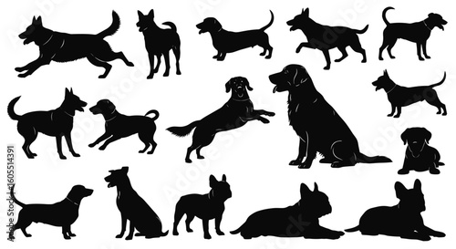 A collection of black dog silhouettes in various poses, showcasing their diverse shapes and activities