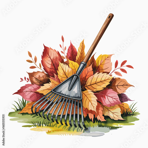 Digital watercolor illustration of bright autumn leaves gathered in a pile with a rake, symbolizing the arrival of autumn, vector

