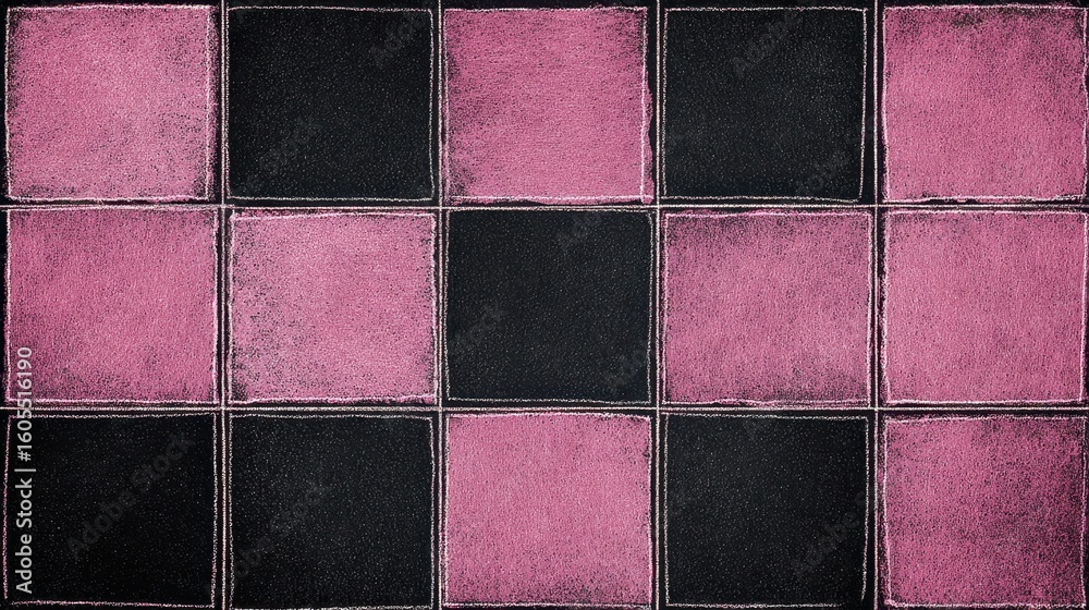 Fototapeta premium Alternating squares of pink and black form a visually striking grid, creating a balanced and engaging pattern. This textured surface adds depth.
