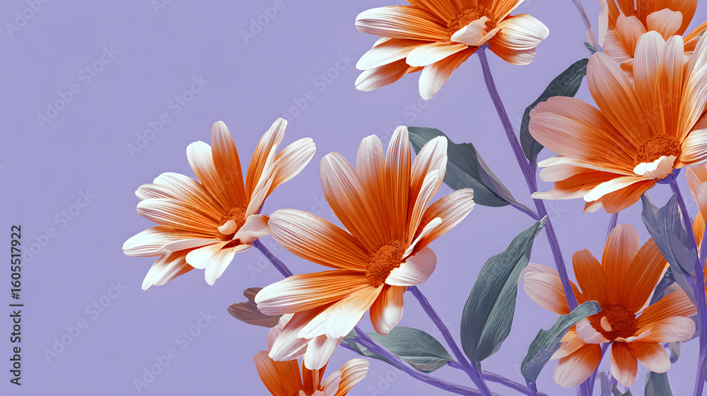 Naklejka premium Harmonious Geometric Daisies: Minimalist Flora in White, Orange, and Lavender