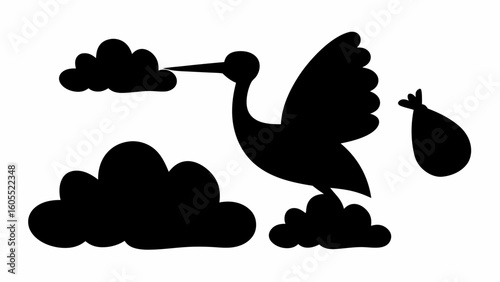 Silhouette of a stork carrying a baby in a bag flying through clouds against a white background scene
