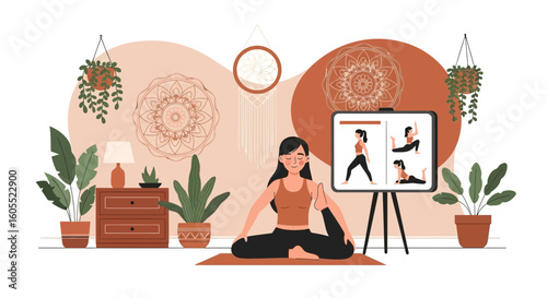 Woman Doing Yoga At Home Following A Video Class