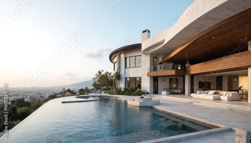 Luxurious modern mansion in Los Angeles offers stunning panoramic city views. Features infinity pool, spacious patio, open-plan living areas with sophisticated interior design. High-end property for