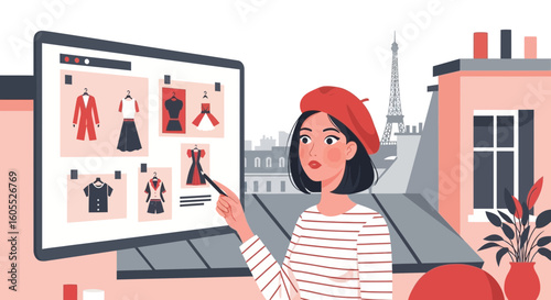 French Woman Presenting Online Fashion Store Collection With Eiffel Tower