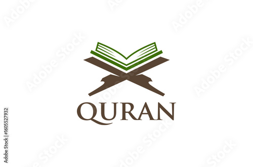 Holy book of the Quran, on a wooden table for reading, the central religious text of Islam. Logo design vector illustration icon symbol.