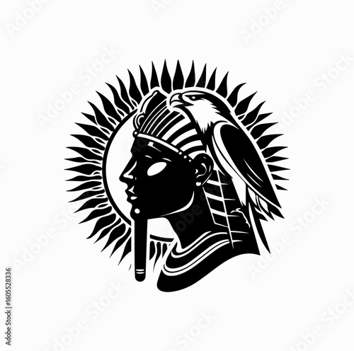 Silhouette of Egyptian Sun God Ra with Falcon and Solar Disk – Black Vector Art