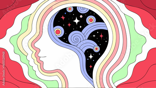 Abstract illustration of human head with colorful lines and stars  