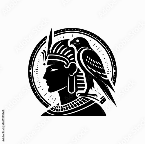 Silhouette of Egyptian Sun God Ra with Falcon and Solar Disk – Black Vector Art