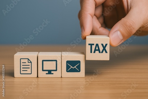 Tax Decision: A hand delicately places a cube with the word TAX next to other blocks, each adorned with essential icons, symbolizing the critical elements of taxation and financial planning.