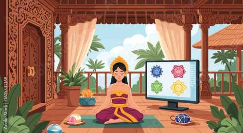 Serene Meditation Session With Chakras On A Beautiful Balinese Veranda