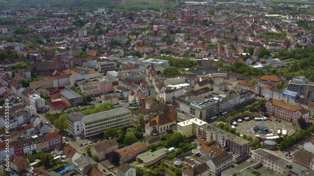 Aerial view of the old town of the city Pirmasens on a cloudy noon in autumn in Germany. Aerial view of the old town of the city Pirmasens on a cloudy noon in autumn in Germany.