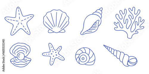 Set of 8 vector marine icons with shells, coral, pearl, conch, starfishes. Blue outline editable vector elements