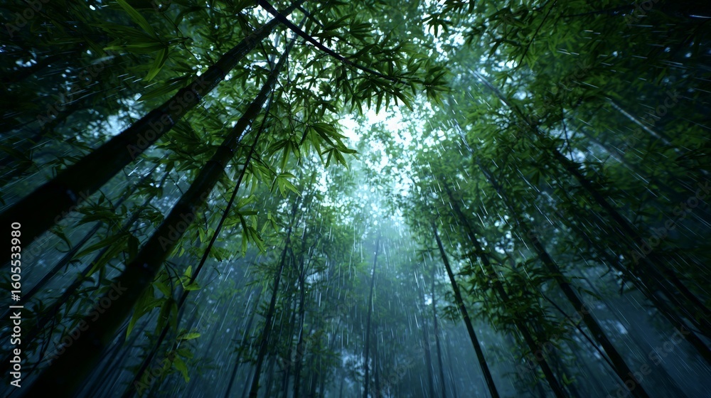 Fototapeta premium Lush Bamboo Forest Under Rainy Sky