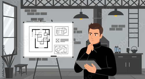 Architect Contemplates Building Blueprint In Loft Space