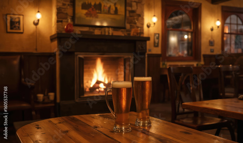 Two glasses of beer sit on wooden table in cozy pub. Warm fireplace burns in background, creating inviting atmosphere for relaxation, social gatherings. Scene captures of traditional tavern, perfect