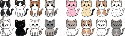 playful feline lineup sitting together in vibrant rainbow color palette minimal decorative vector