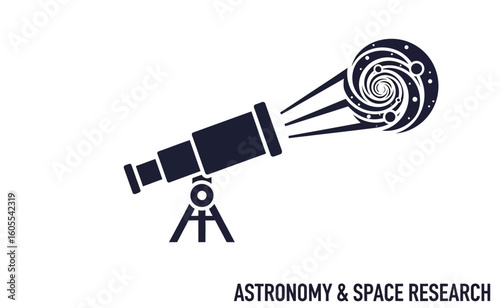 A telescope illustration pointing towards a stylized galaxy, representing astronomical observation and space exploration.