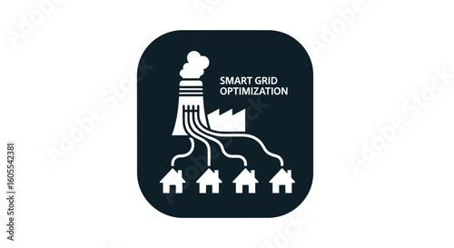 Illustration of a power plant distributing energy to homes, representing smart grid optimization in a dark rounded square.