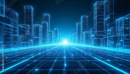 Futuristic Blue Digital Tunnel Background with Glowing Lines and Data Flow