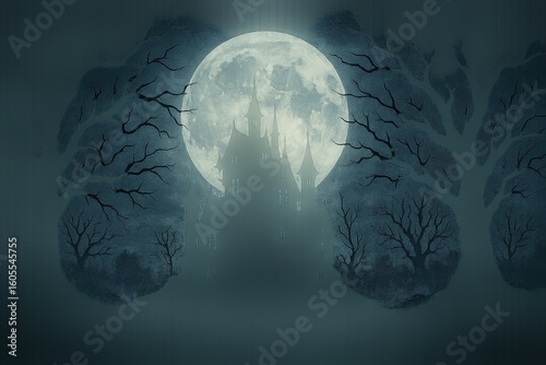 Spooky abandoned mansion silhouette against full moon with bare twisted trees and fog