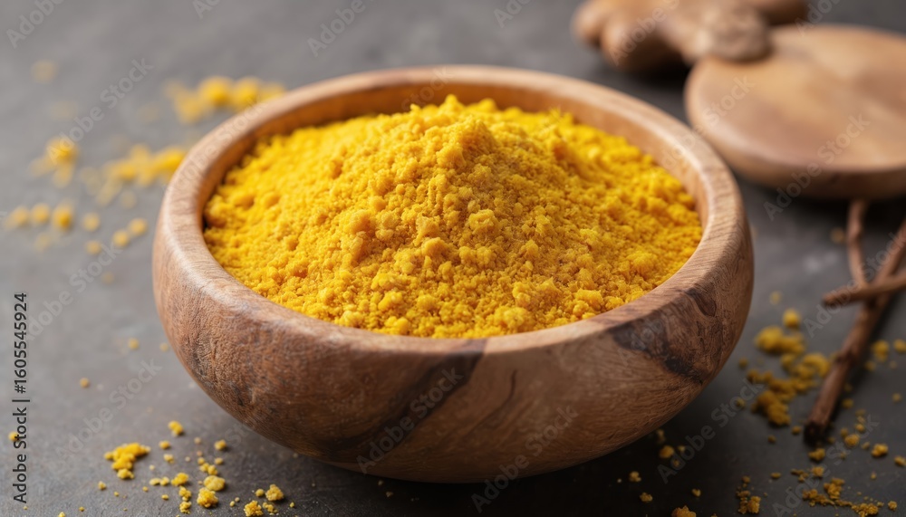Bright yellow Asafoetida powder in wooden bowl. This pungent spice, used in Indian cookery, offers aromatic flavor for dishes. Essential kitchen ingredient for authentic cuisine and digestive aid. Bright yellow Asafoetida powder in wooden bowl. This pungent spice, used in Indian cookery, offers aromatic flavor for dishes. Essential kitchen ingredient for authentic cuisine and digestive aid.