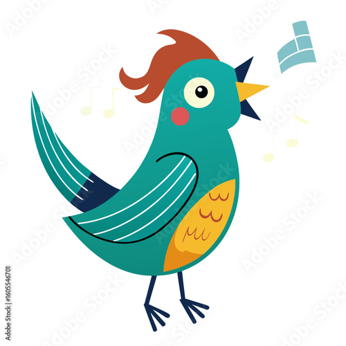 Bird singing with music notes