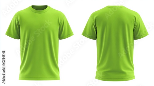 Stunning photo of blank neon green kids t-shirt mockup front, back view. Isolated on white background. Studio shot of plain neon green shirt. Casual attire. Empty template.