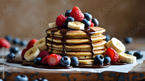 Delicious and delicious sweet pancakes with chocolate, banana, berries and fruits.

