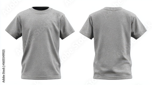 Stunning photo of blank gray kids t-shirt mockup front, back view. Isolated on white background. Studio shot of plain gray shirt. Casual attire. Empty template.